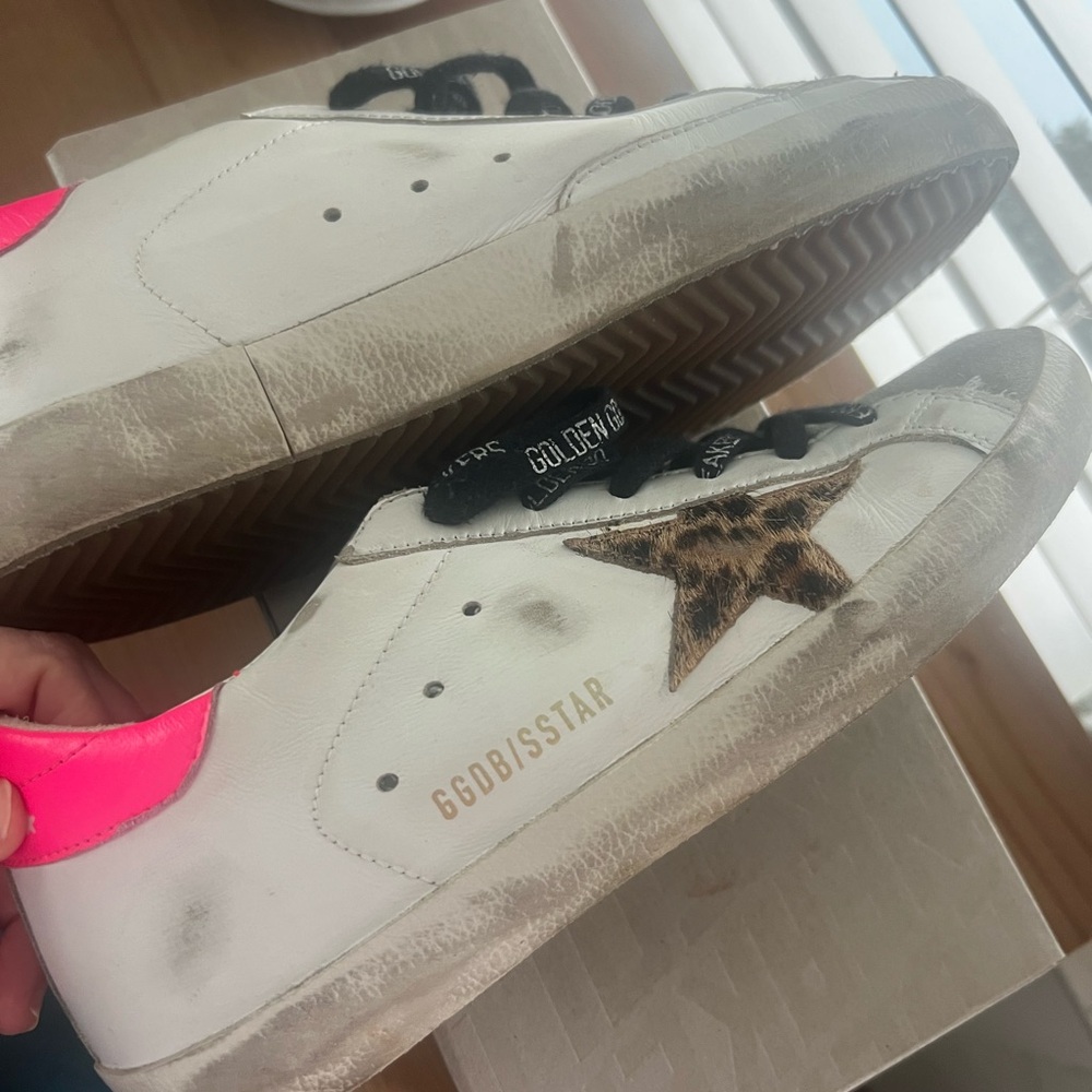 Golden Goose White Leather Sneakers with Leopard Star and Pink Heel Tab